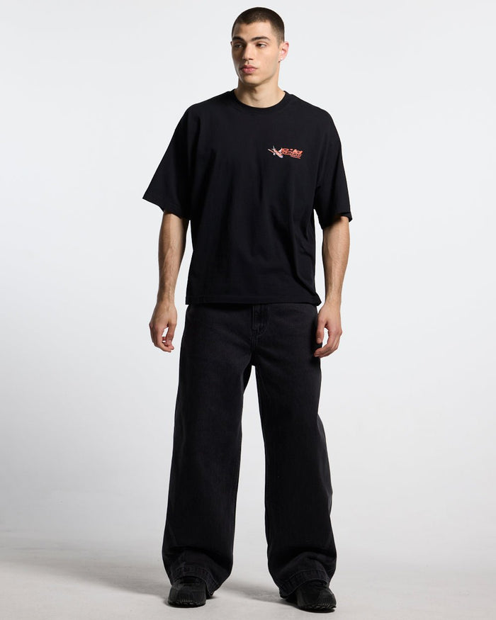 FLIGHT PATH TEE BLACK - black graphic print tee, front view on male model - Cold Culture #man