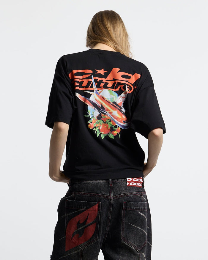 FLIGHT PATH TEE BLACK - black graphic print tee, back view on female model - Cold Culture #woman