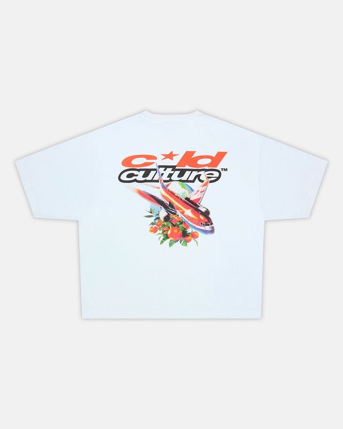 FLIGHT PATH TEE WHITE - white graphic print tee, back view - Cold Culture
