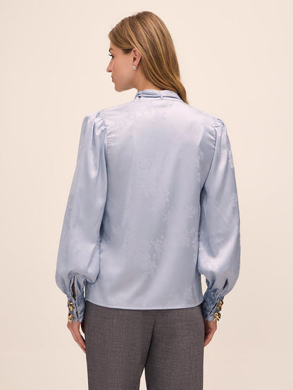 Steel Blue Floral Damask Tie Neck Bow Blouse - Woman Wearing Elegant Woven Top - Le Chateau