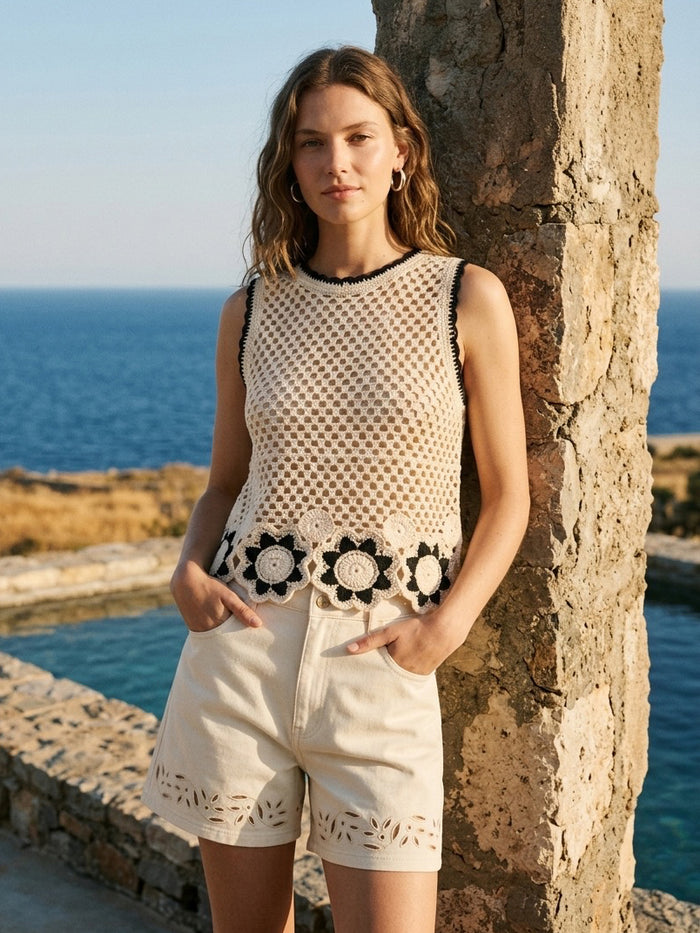 Natural Crochet Flower Border Tank - Close-up of Crochet Detailing - Suzy Shier