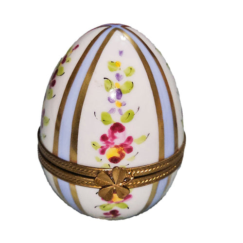 Light Blue Striped Floral Egg Porcelain Limoges egg French Trinket Box