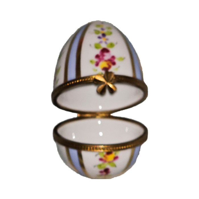 Light Blue Striped Floral Egg Porcelain Limoges egg French Trinket Box