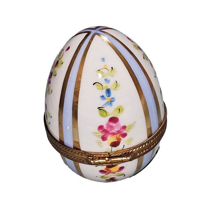 Light Blue Striped Floral Egg Porcelain Limoges egg French Trinket Box