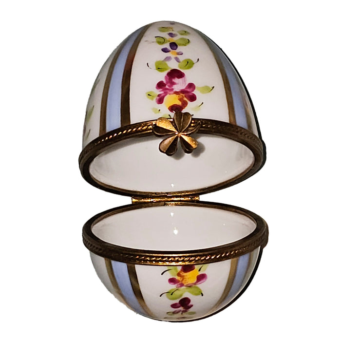 Light Blue Striped Floral Egg Porcelain Limoges egg French Trinket Box