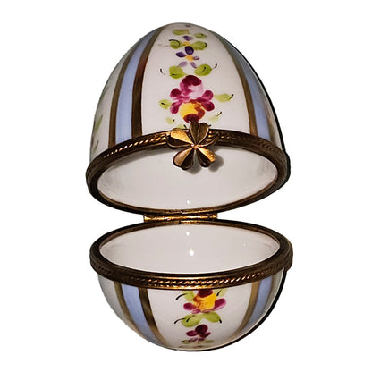 Light Blue Striped Floral Egg Porcelain Limoges egg French Trinket Box