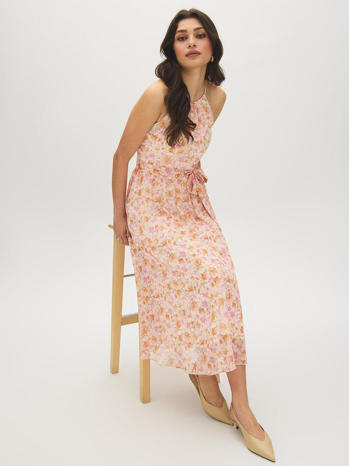 Peach Dust Floral Print Halter Midi Dress - Seated View - Suzy Shier