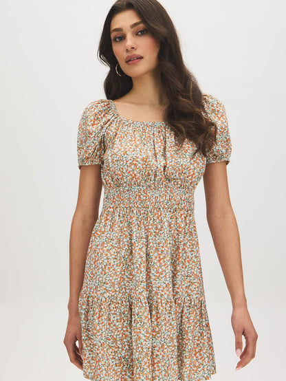 Sterling Blue Ditsy Print Off-Shoulder Mini Dress - Woman Wearing Tiered Skirt Dress - Suzy Shier