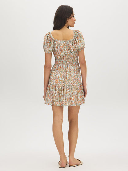 Sterling Blue Ditsy Print Off-Shoulder Mini Dress - Woman Wearing Tiered Skirt Dress - Suzy Shier
