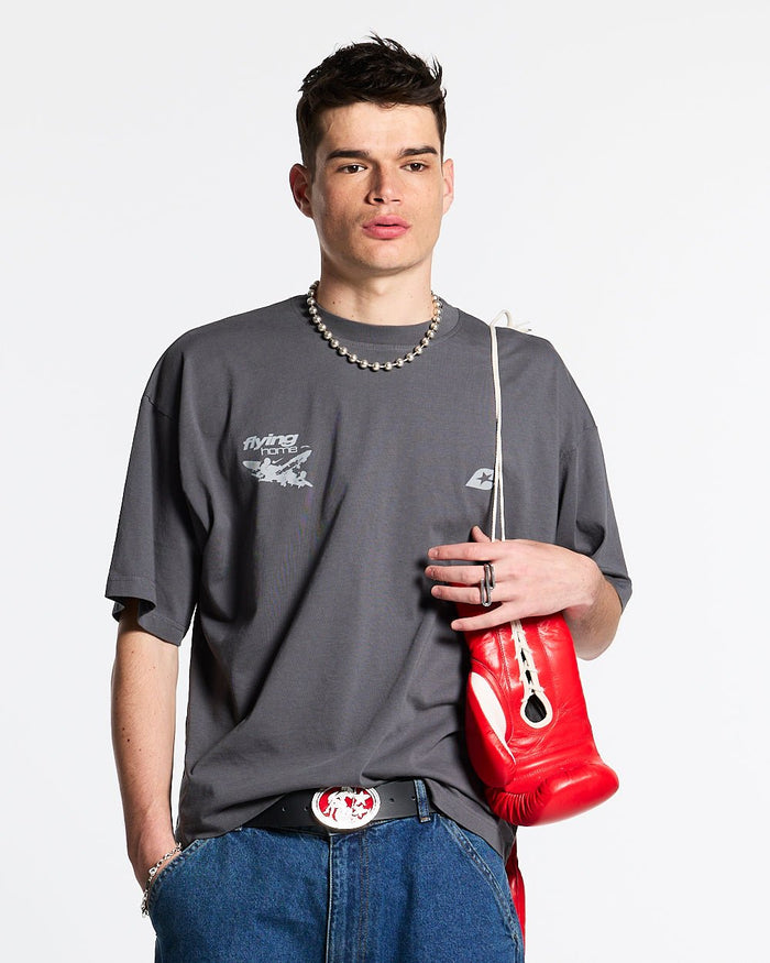 FLYING HOME TEE DOVE GREY - dove grey graphic print tee, front view on male model - Cold Culture #man