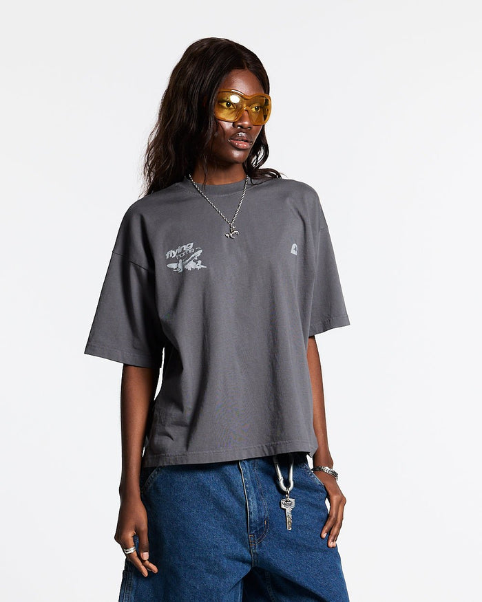 FLYING HOME TEE DOVE GREY - dove grey graphic print tee, front view on female model - Cold Culture #woman