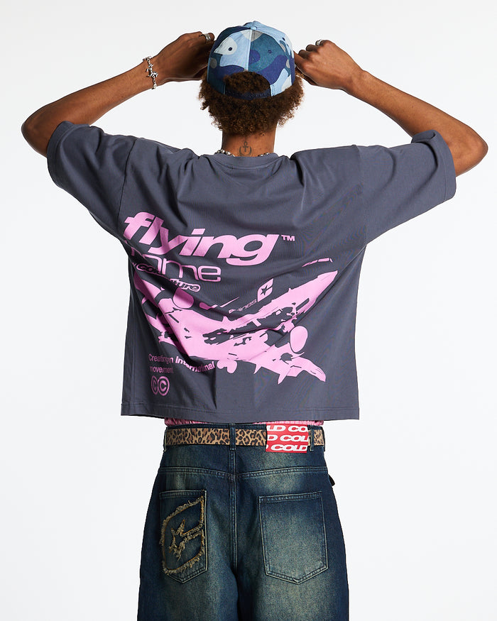 FLYING HOME TEE INDIA INK - dark navy graphic print tee, back view on male model - Cold Culture #man