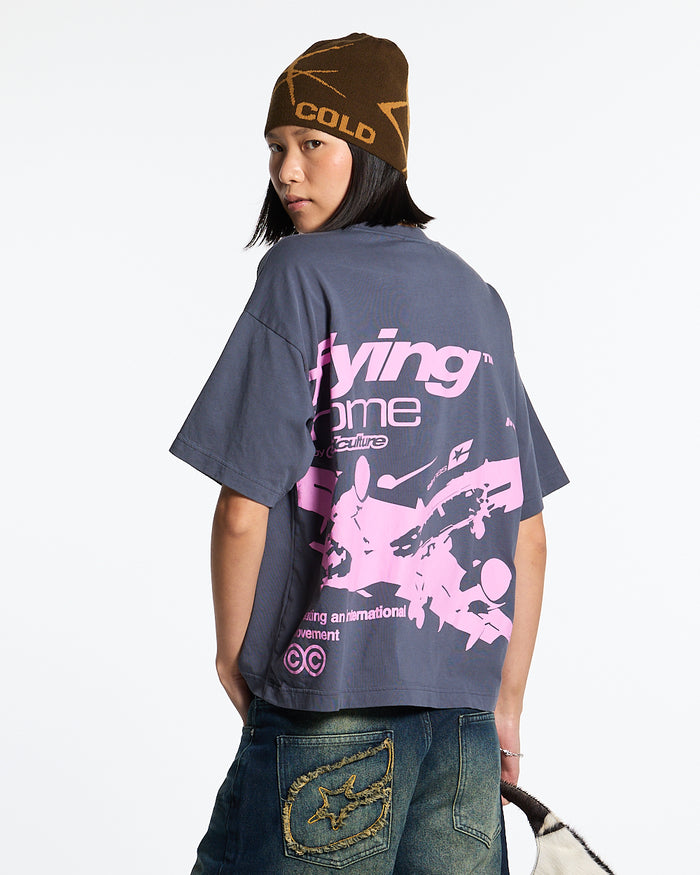 FLYING HOME TEE INDIA INK - dark navy graphic print tee, back view on female model - Cold Culture #woman