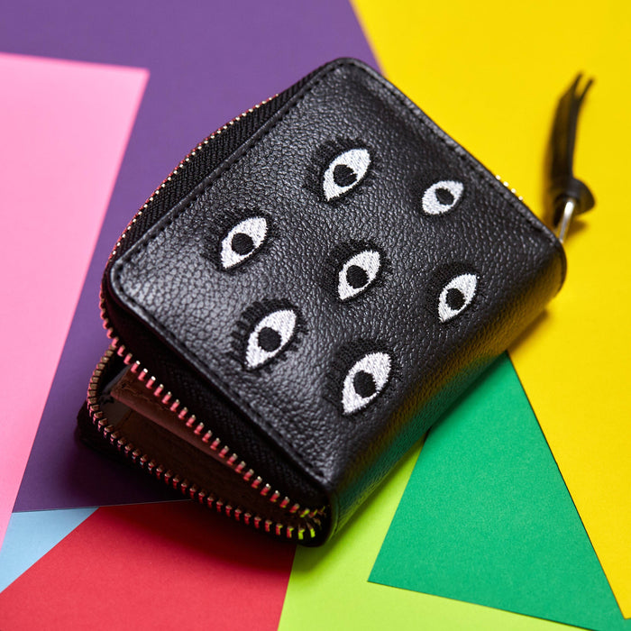 Frodo Black Leather Zip Around Wallet - Eyes Embroidery