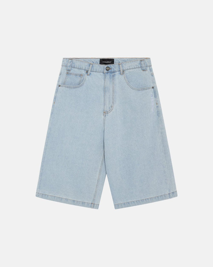 FROSTED JORTS LIGHT BLUE DENIM - light blue denim shorts, front view - Cold Culture