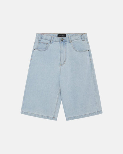 FROSTED JORTS LIGHT BLUE DENIM - light blue denim shorts, front view - Cold Culture