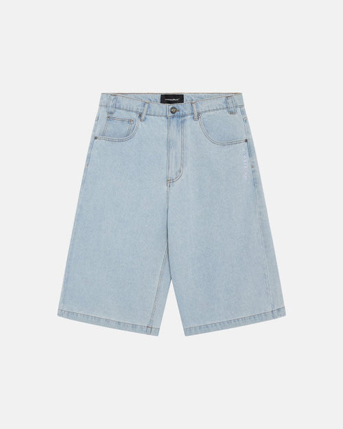 FROSTED JORTS LIGHT BLUE DENIM - light blue denim shorts, front view - Cold Culture