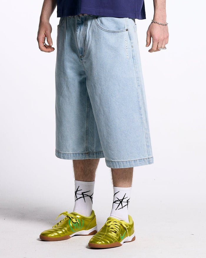 FROSTED JORTS LIGHT BLUE DENIM - light blue denim shorts, front view on male model - Cold Culture #man