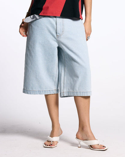 FROSTED JORTS LIGHT BLUE DENIM - light blue denim shorts, front view on female model - Cold Culture #woman