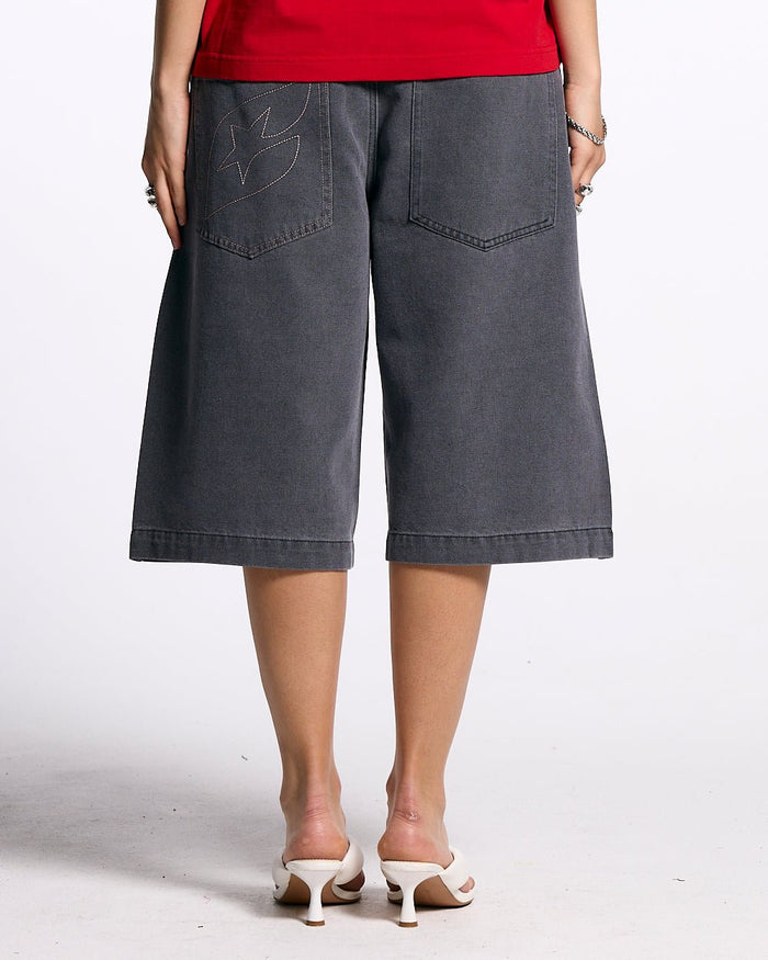 FROSTED JORTS ORCHID GREY - washed grey denim shorts, back view on female model - Cold Culture #woman
