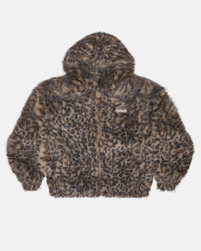 FUR HOODIE BROWN LEOPARD - brown leopard faux fur jacket, front view - Cold Culture