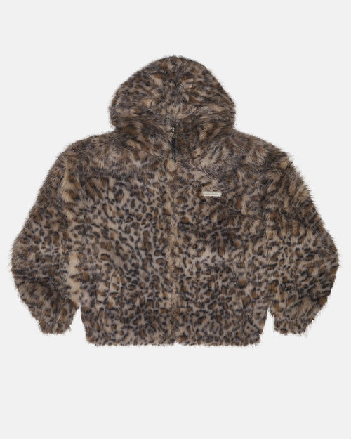FUR HOODIE BROWN LEOPARD - brown leopard faux fur jacket, front view - Cold Culture
