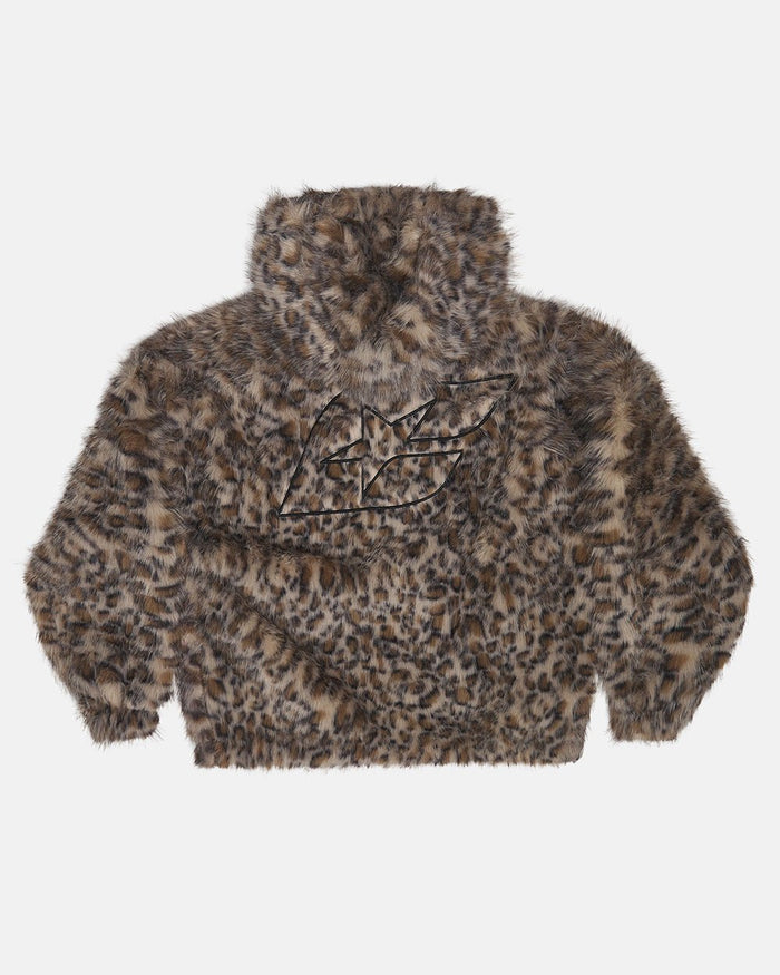 FUR HOODIE BROWN LEOPARD - brown leopard faux fur jacket, back view - Cold Culture