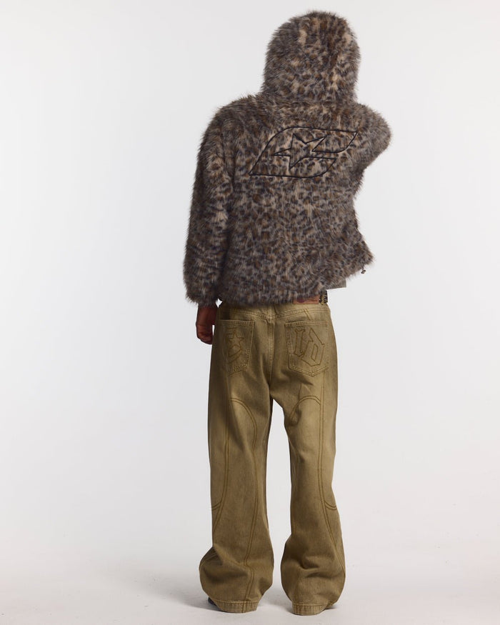 FUR HOODIE BROWN LEOPARD - brown leopard faux fur jacket, back view on male model - Cold Culture #man