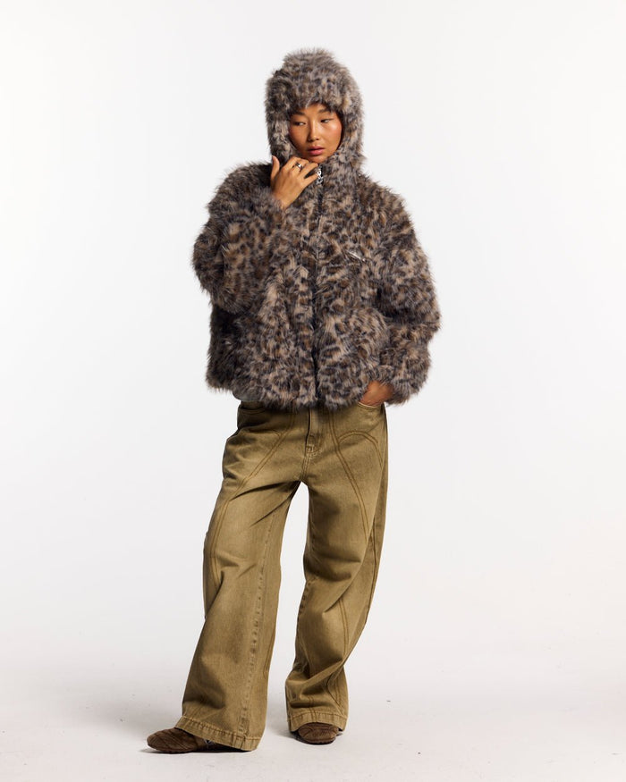 FUR HOODIE BROWN LEOPARD - brown leopard faux fur jacket, front view on female model - Cold Culture #woman