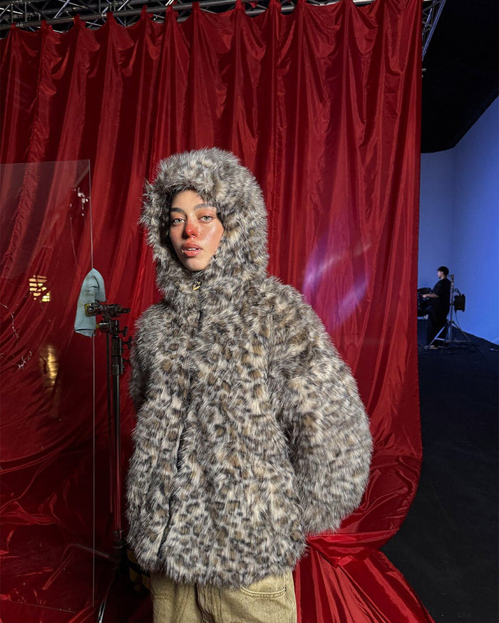 FUR HOODIE BROWN LEOPARD - brown leopard faux fur jacket, front view on female model - Cold Culture