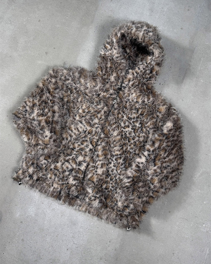 FUR HOODIE BROWN LEOPARD - brown leopard faux fur jacket, flat lay - Cold Culture