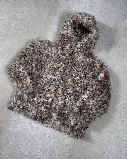 FUR HOODIE BROWN LEOPARD - brown leopard faux fur jacket, flat lay - Cold Culture