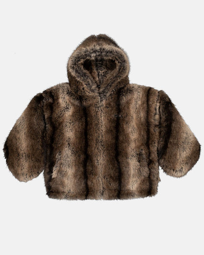 FUR HOODIE JACKET - brown faux fur hooded jacket, front view - Cold Culture