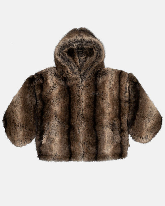 FUR HOODIE JACKET - brown faux fur hooded jacket, front view - Cold Culture