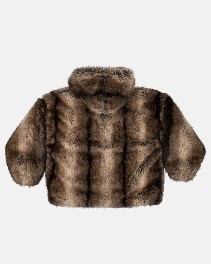 FUR HOODIE JACKET - brown faux fur hooded jacket, back view - Cold Culture