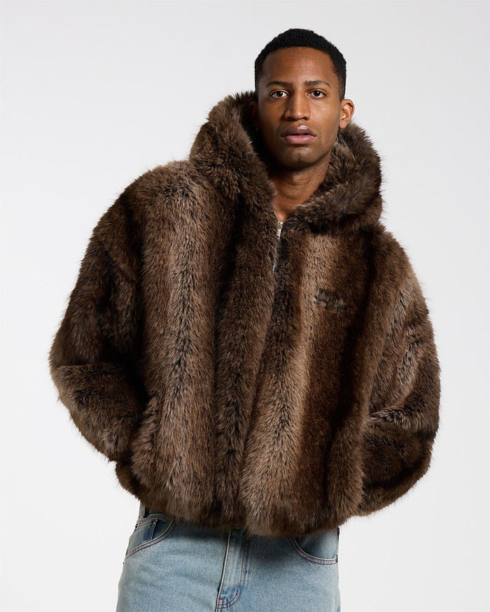 FUR HOODIE JACKET - brown faux fur hooded jacket, front view on male model - Cold Culture #man