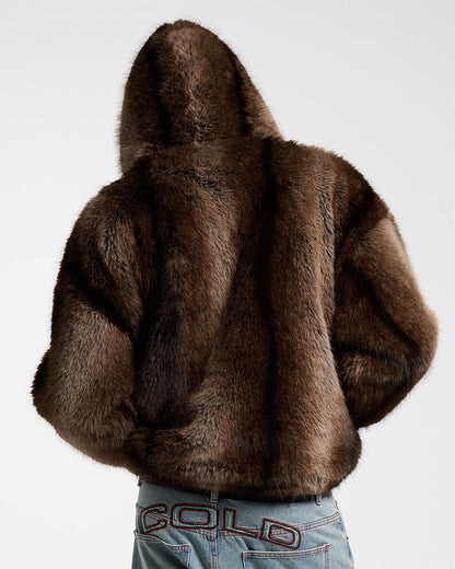 FUR HOODIE JACKET - brown faux fur hooded jacket, back view on male model - Cold Culture #man