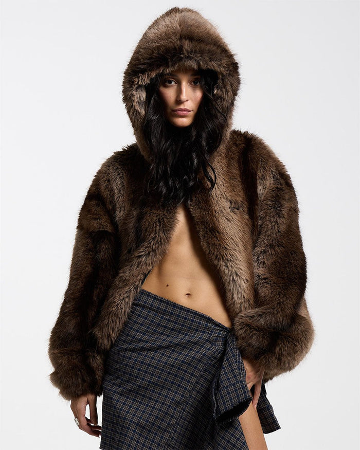 FUR HOODIE JACKET - brown faux fur hooded jacket, front view on female model - Cold Culture #woman