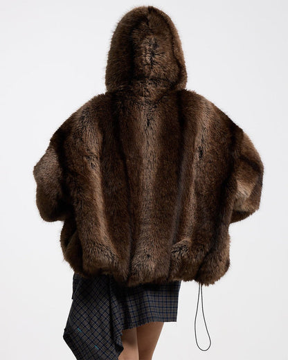 FUR HOODIE JACKET - brown faux fur hooded jacket, back view on female model - Cold Culture #woman