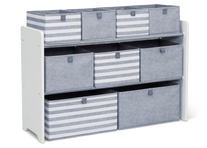 Storage unit with gray and white striped bins on a white background