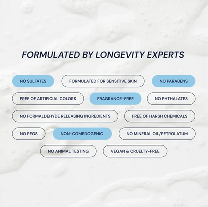 List of product features formulated by longevity experts on a textured white background