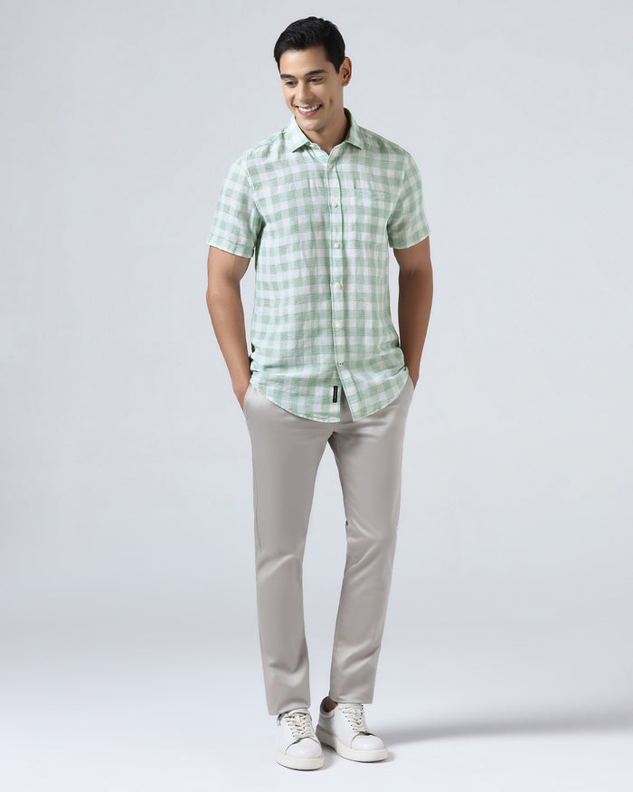 Green Half Sleeve Linen Check Shirt - Yudi