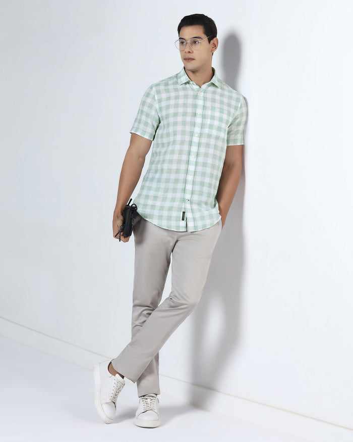 Green Half Sleeve Linen Check Shirt - Yudi
