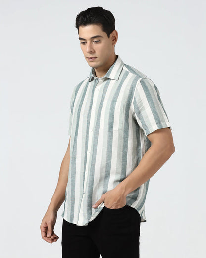 Green Half Sleeve Linen Stripe Shirt - Vintar
