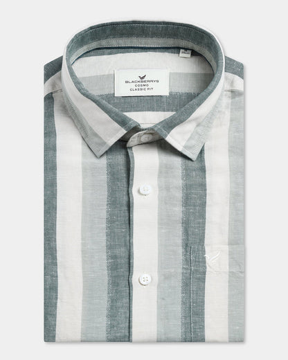 Green Half Sleeve Linen Stripe Shirt - Vintar
