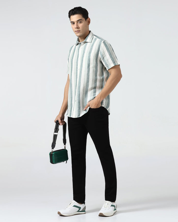 Green Half Sleeve Linen Stripe Shirt - Vintar