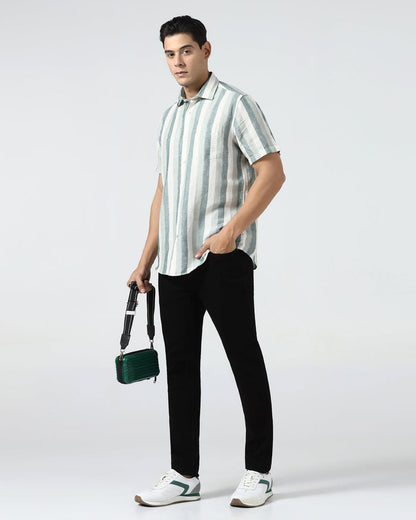 Green Half Sleeve Linen Stripe Shirt - Vintar