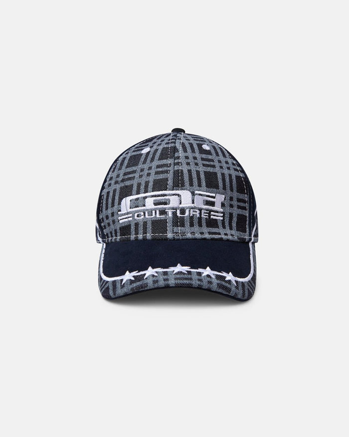 GRID CAP DARK BLUE - dark blue plaid cap, front view - Cold Culture