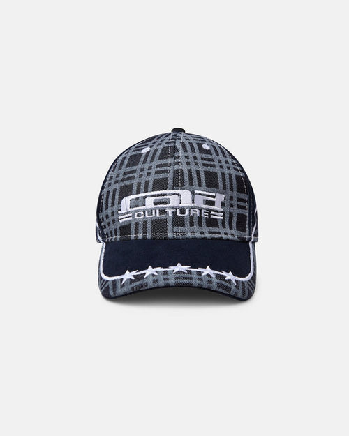 GRID CAP DARK BLUE - dark blue plaid cap, front view - Cold Culture