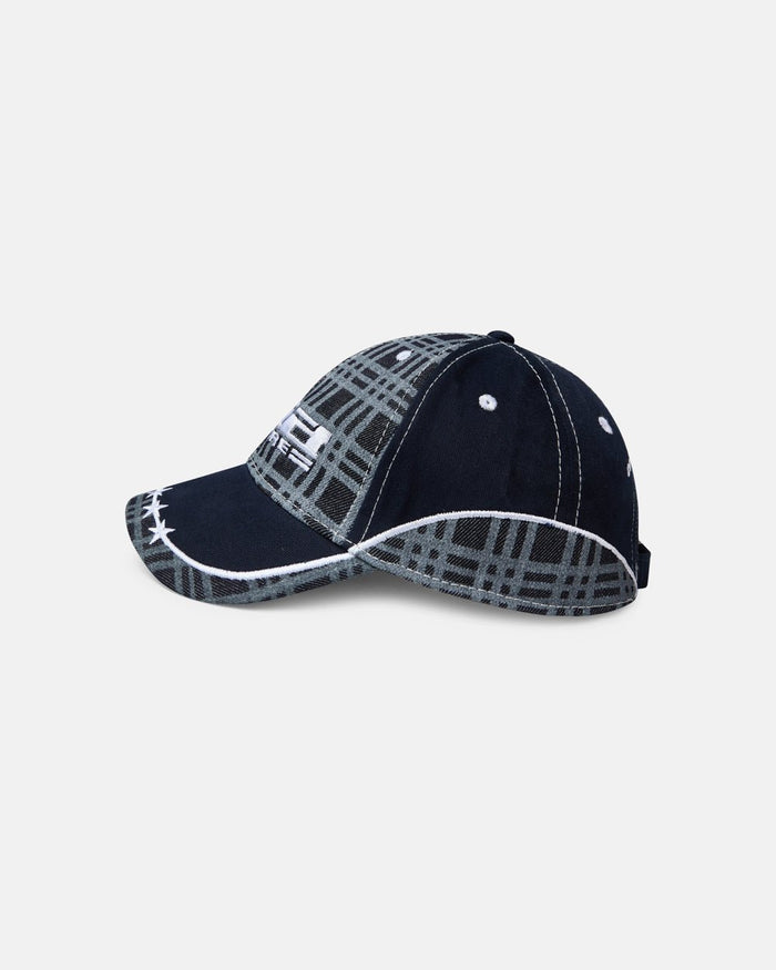 GRID CAP DARK BLUE - dark blue plaid cap, side view - Cold Culture